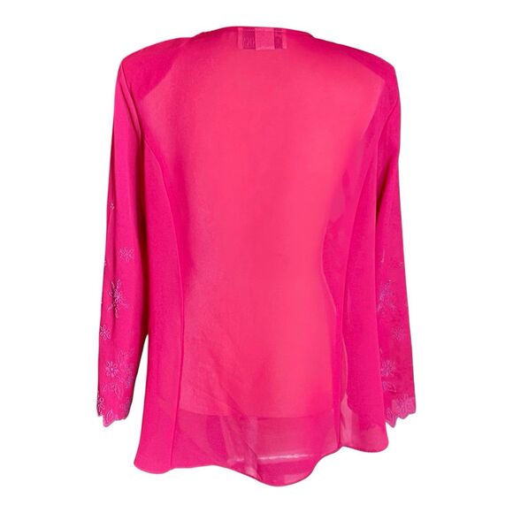 Hot Pink Chiffon Open Front  Kimono Style Coverup Sz XL Embroidered Sleeve Fancy - Picture 4 of 6